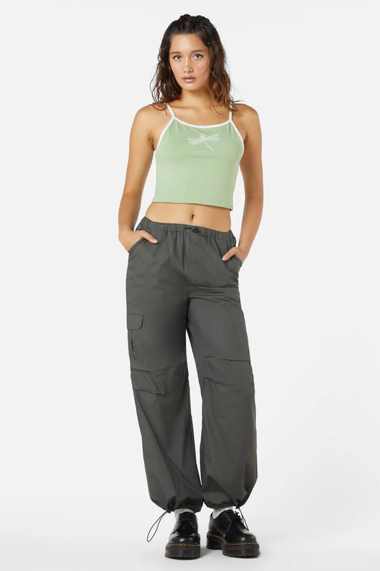 Image of a model wearing Pants. Productname: Fern Cargo Pant in Charcoal colour by brand - Dangerfield
