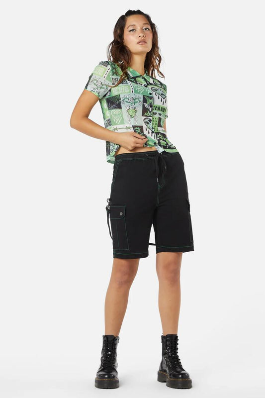 Image of a model wearing Shorts. Productname: The End Contrast Stitch Drill Short in Black colour by brand - Dangerfield