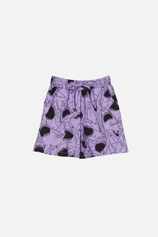 Image of a model wearing Shorts. Productname: Shark Bait Kids Shorts in Purple colour by brand - Dangerkids