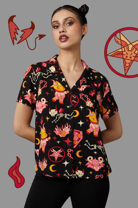 Image of a model wearing Tops. Productname: Hellish Blouse in Black colour by brand - Black Friday