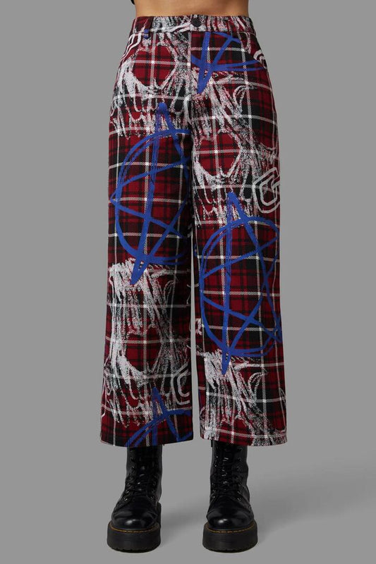 Image of a model wearing Pants. Productname: Tag Tartan Wide Leg Pants in Black/Red colour by brand - Black Friday
