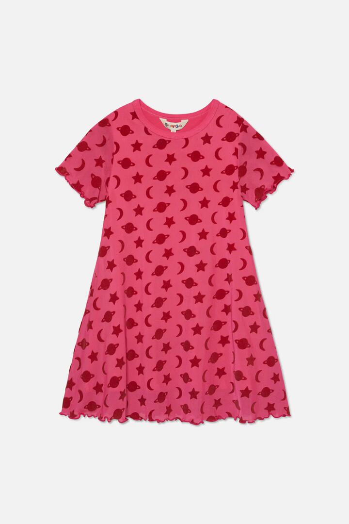 Image of a model wearing Dress. Productname: Galaxy Kids Mesh Dress in Pink colour by brand - Dangerkids