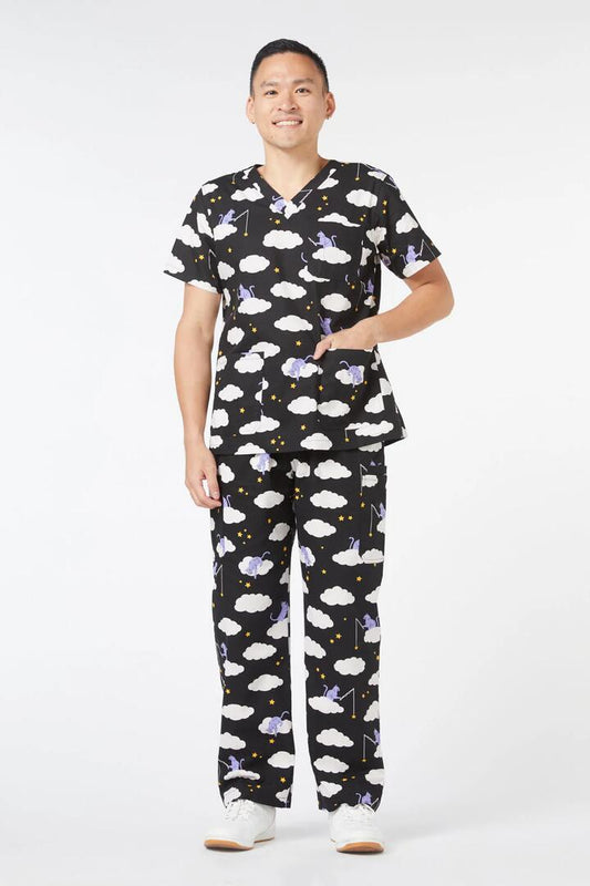 Image of a model wearing Uniforms & Workwear. Productname: Cat In The Clouds Scrubs in Black colour by brand - Scrubs With Love