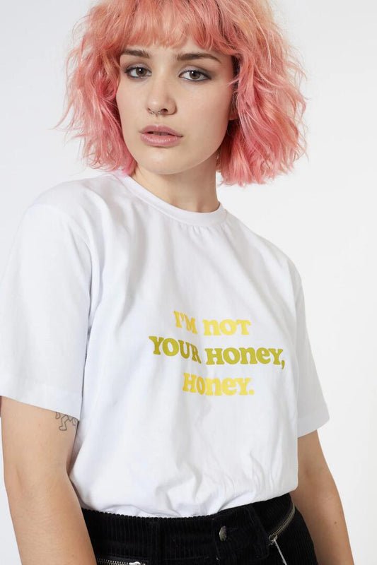 Image of a model wearing Tops. Productname: Im Not Your Honey Tee in White colour by brand - Pulp Kitchen