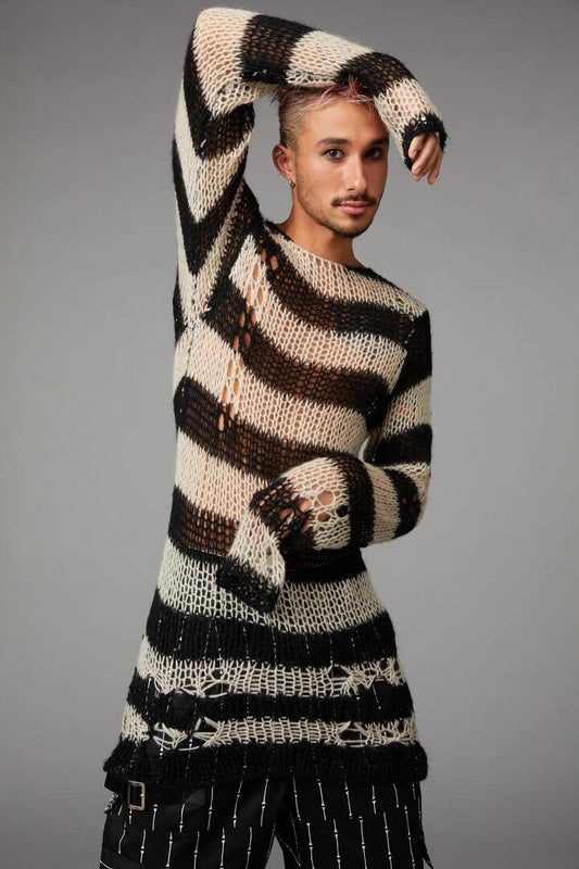 Image of a model wearing Tops. Productname: Laszlo Strip Knit in Black/Cream colour by brand - Black Friday