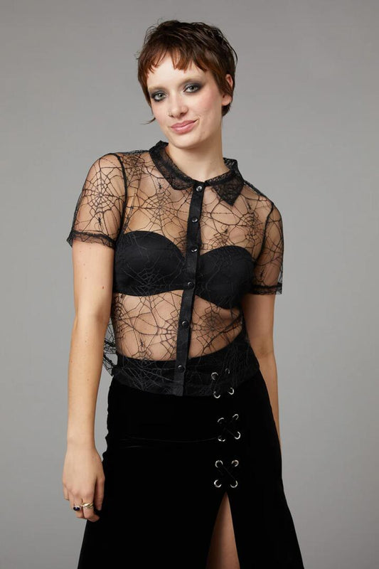 Image of a model wearing Tops. Productname: Interwebs Mesh Top in Black colour by brand - Black Friday