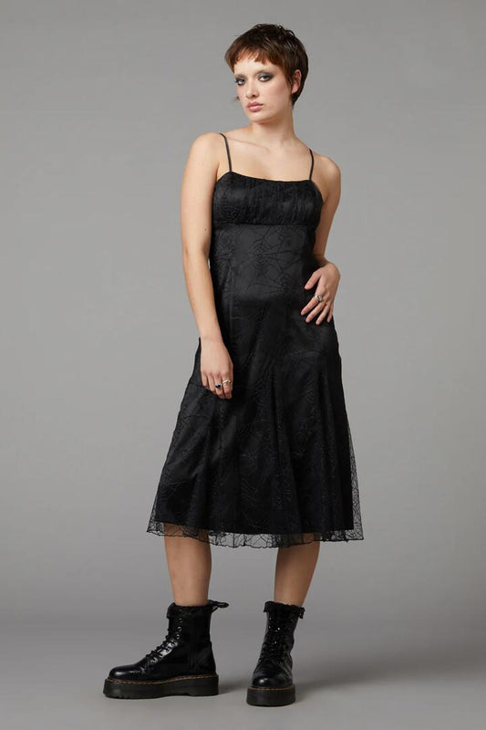 Image of a model wearing Dress. Productname: Interwebs Mesh Dress in Black colour by brand - Black Friday