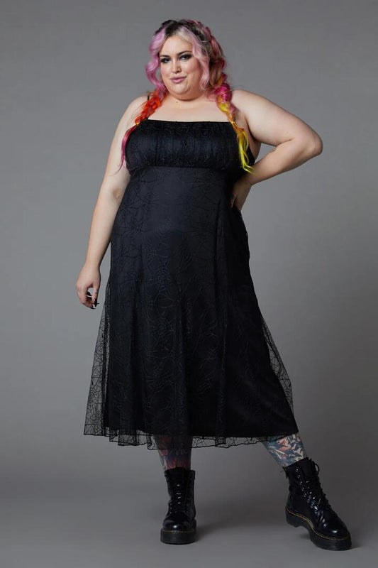Image of a model wearing Dress. Productname: Curve Interwebs Mesh Dress in Black colour by brand - Black Friday