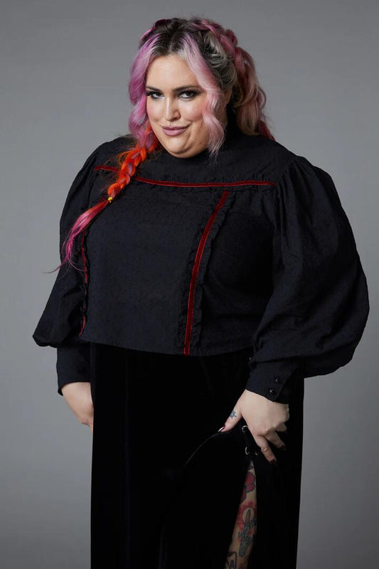 Image of a model wearing Tops. Productname: Curve Nadja Gothic Blouse in Black colour by brand - Black Friday