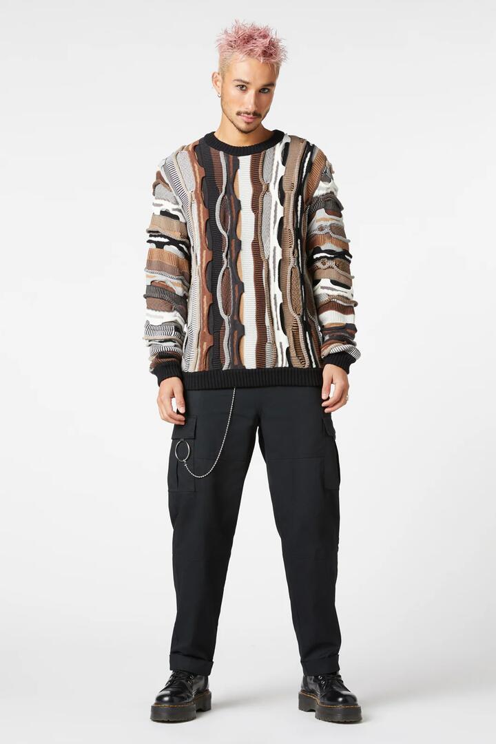 Image of a model wearing Outerwear. Productname: Corpse Textured Knit Jumper in Multi colour by brand - Dangerfield