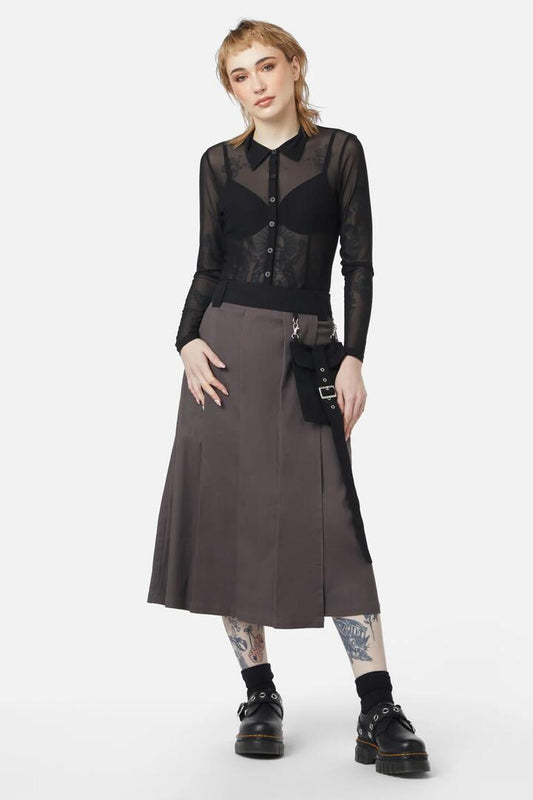 Image of a model wearing Skirts. Productname: Time & Date PleatedUnisexSkirt in Grey colour by brand - Dangerfield