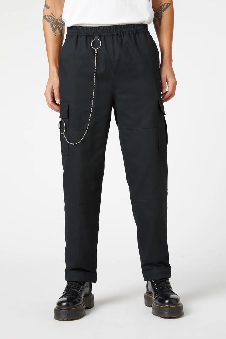 Image of a model wearing Pants. Productname: Punk Time Cargo in Black colour by brand - Dangerfield