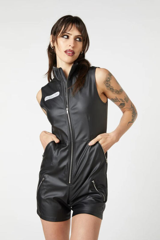 Image of a model wearing Outerwear. Productname: Radioactive Raver Romper in Black colour by brand - Dangerfield