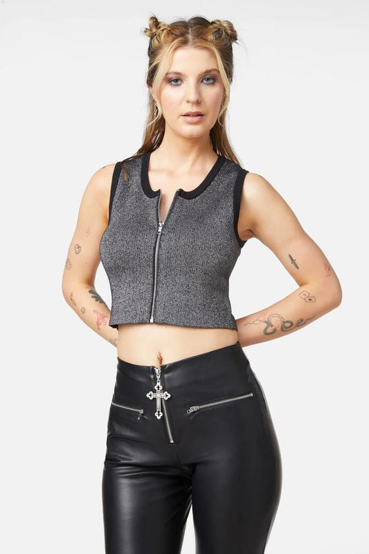 Image of a model wearing Tops. Productname: Radioactive Raver Vest Top in Black/Silver colour by brand - Dangerfield