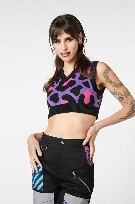 Image of a model wearing Tops. Productname: Major Meow Cropped Knit in Multi colour by brand - Dangerfield