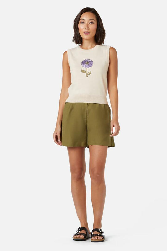 Image of a model wearing Tops. Productname: Fresh Blooms Emb Vest in Cream colour by brand - Princess Highway