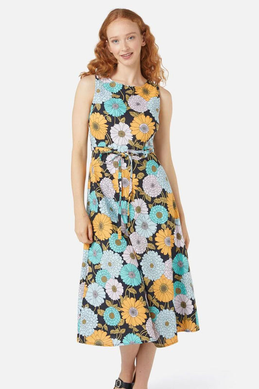 Image of a model wearing Dress. Productname: Lottie Midi Dress in Navy colour by brand - Princess Highway
