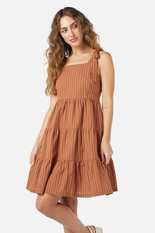 Image of a model wearing Dress. Productname: Walter Stripe Dress in Ginger colour by brand - Princess Highway