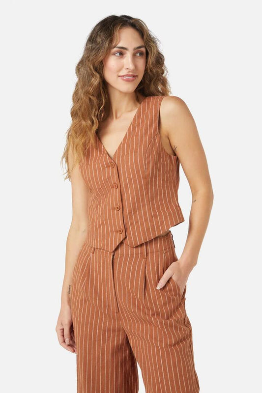 Image of a model wearing Tops. Productname: Walter Stripe Vest in Ginger colour by brand - Princess Highway