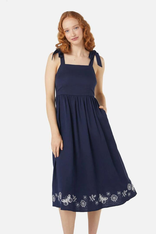 Image of a model wearing Dress. Productname: Butterfly Emb Dress in Navy colour by brand - Princess Highway
