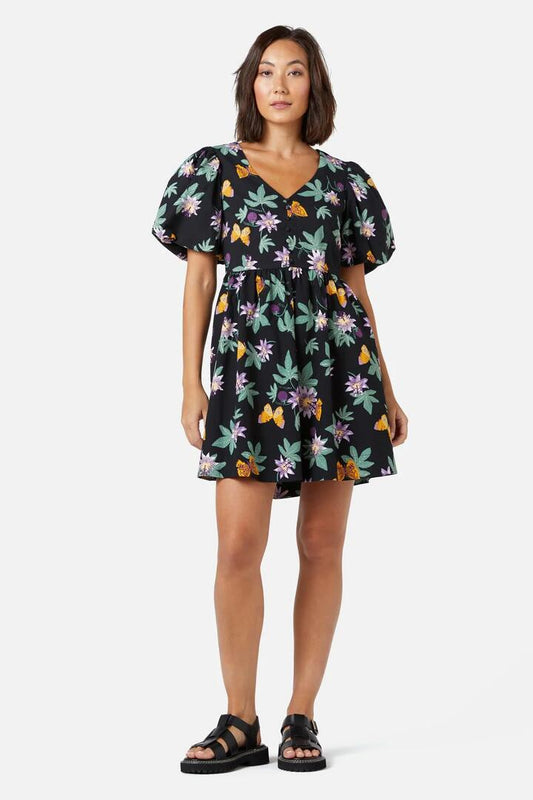 Image of a model wearing Dress. Productname: Passionfruit Mini Dress in Black colour by brand - Princess Highway
