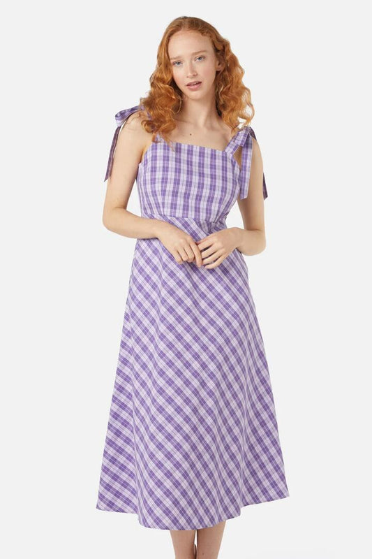 Image of a model wearing Dress. Productname: Juno Check Sundress in Violet colour by brand - Princess Highway