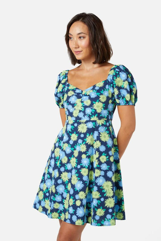 Image of a model wearing Dress. Productname: Thea Mini Dress in Navy colour by brand - Princess Highway