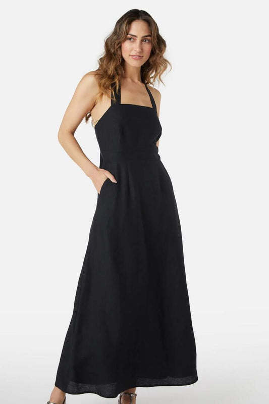 Image of a model wearing Dress. Productname: Portia Maxi Dress in Black colour by brand - Princess Highway