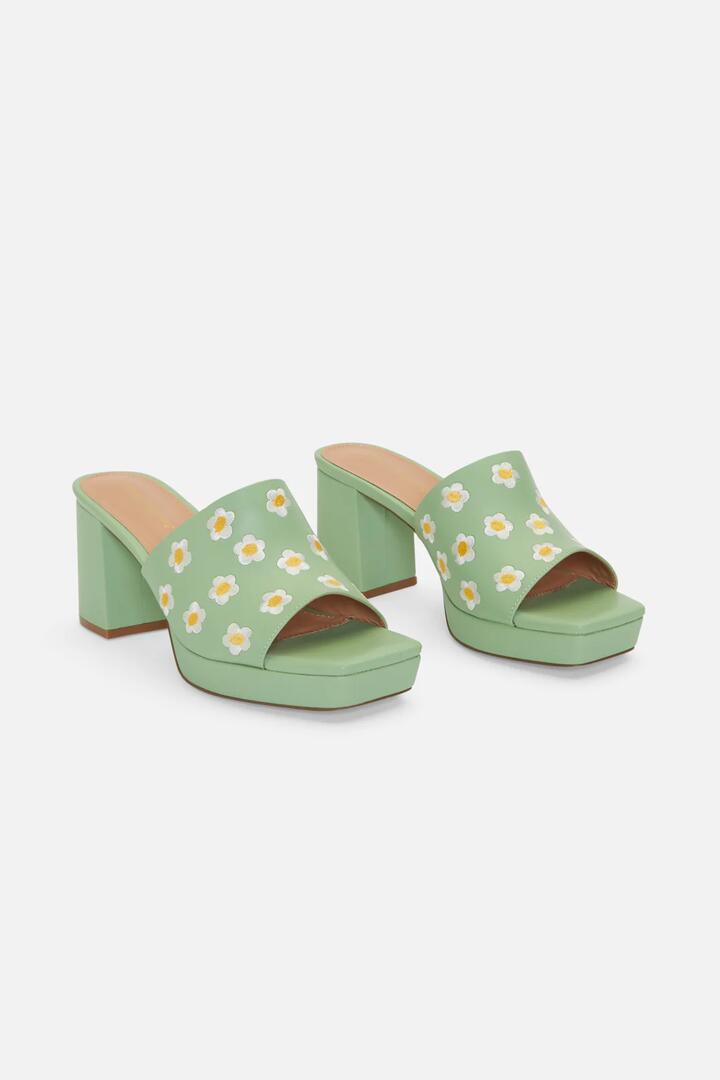 Image of Slippers. Productname: Daisy Embroidered Slide in Mint colour by brand - Princess Highway