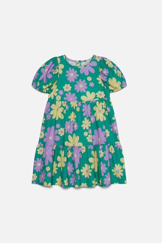 Image of a model wearing Dress. Productname: Floral Kids Dress in Green colour by brand - Princess Highway Kids