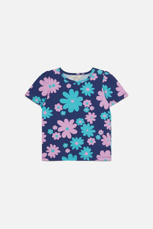 Image of a model wearing Tops. Productname: Floral Kids Tee in Navy colour by brand - Princess Highway Kids