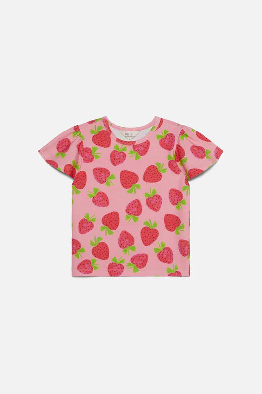 Image of a model wearing Tops. Productname: Strawberry Kids Tee in Pink colour by brand - Princess Highway Kids