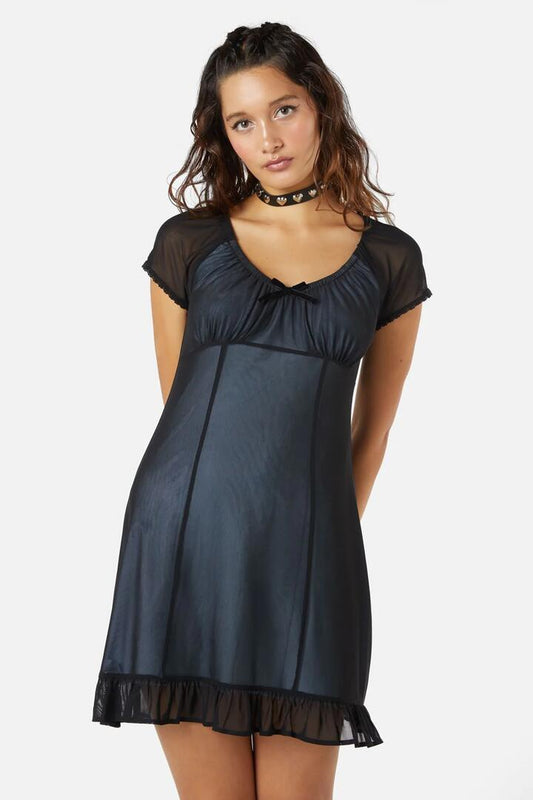 Image of a model wearing Dress. Productname: Confess Mesh Mini Dress in Black/Blue colour by brand - Dangerfield