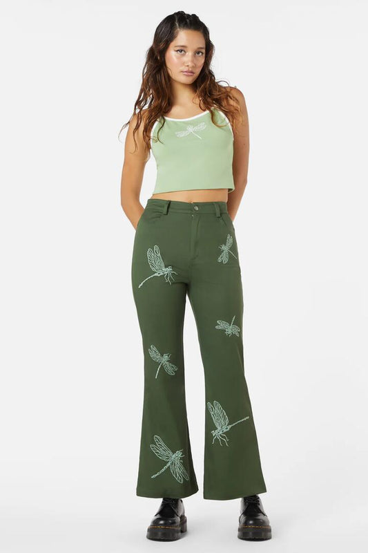 Image of a model wearing Pants. Productname: Skimmer Pant in Green colour by brand - Dangerfield