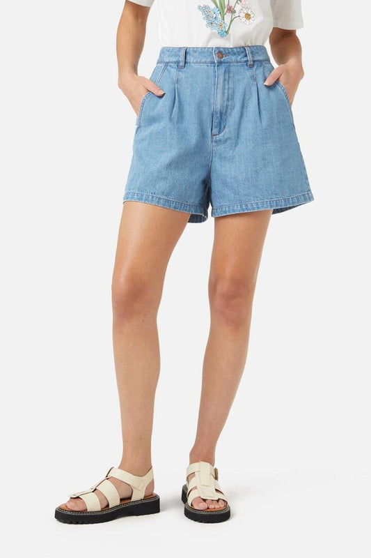 Image of a model wearing Skirts. Productname: Valerie Skort in Mid Denim colour by brand - Princess Highway