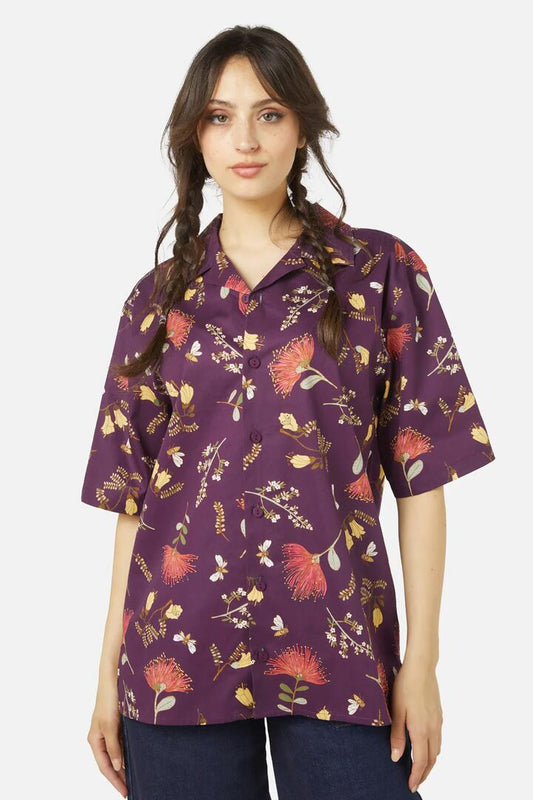 Image of a model wearing Tops. Productname: NZ Flora Shirt in Plum colour by brand - Princess Highway