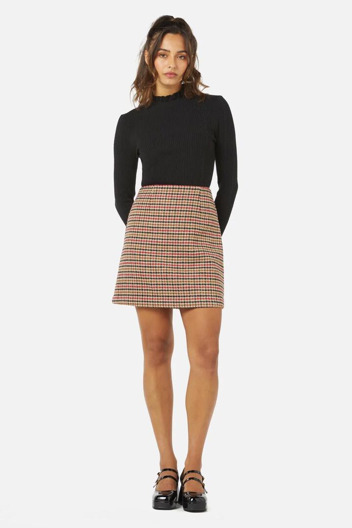 Image of a model wearing Skirts. Productname: Bennett Skirt in Tan Check colour by brand - Princess Highway
