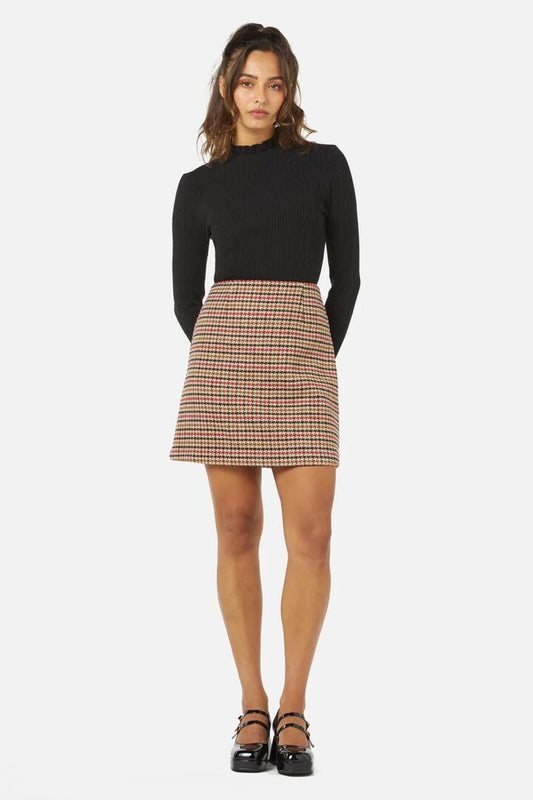 Image of a model wearing Skirts. Productname: Bennett Skirt in Tan Check colour by brand - Princess Highway