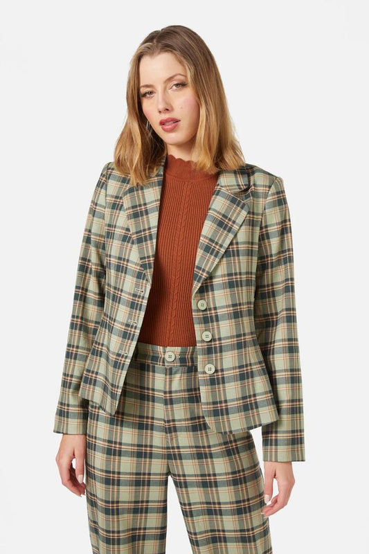 Image of a model wearing Outerwear. Productname: Jeannie Check Blazer in Green colour by brand - Princess Highway