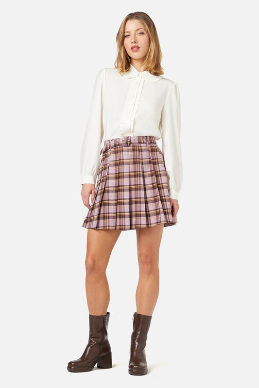 Image of a model wearing Skirts. Productname: Jeannie Check Mini Skirt in Lilac colour by brand - Princess Highway