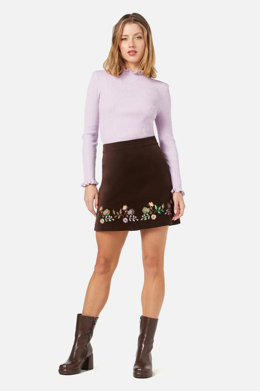 Image of a model wearing Skirts. Productname: Cindy Velvet Skirt in Chocolate colour by brand - Princess Highway