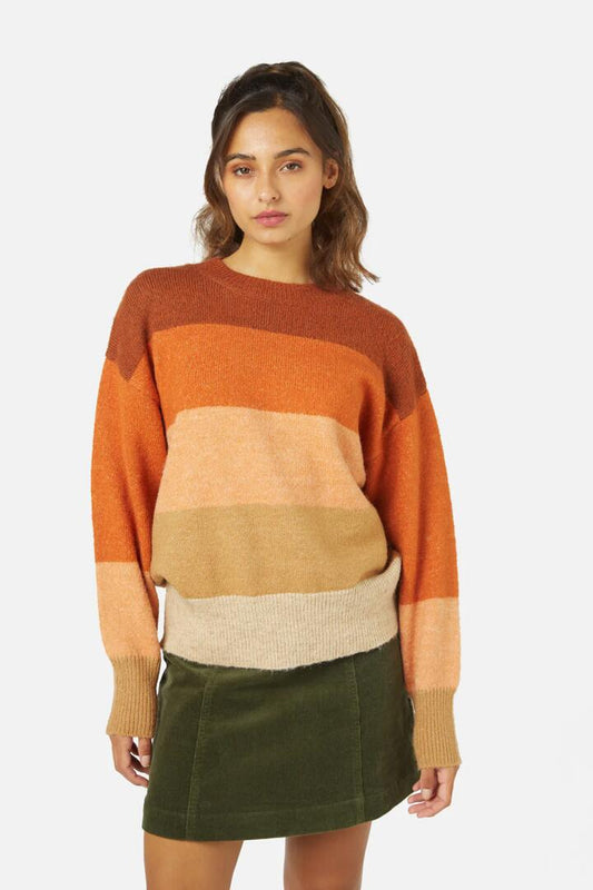Image of a model wearing Outerwear. Productname: Iona Stripe Sweater in Tan colour by brand - Princess Highway