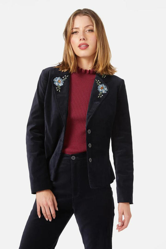 Image of a model wearing Outerwear. Productname: Agnes Velvet Blazer in Navy colour by brand - Princess Highway