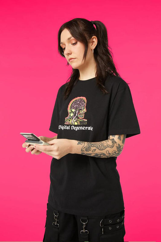 Image of a model wearing Tops. Productname: Digital Degenerate in Black colour by brand - Pulp Kitchen