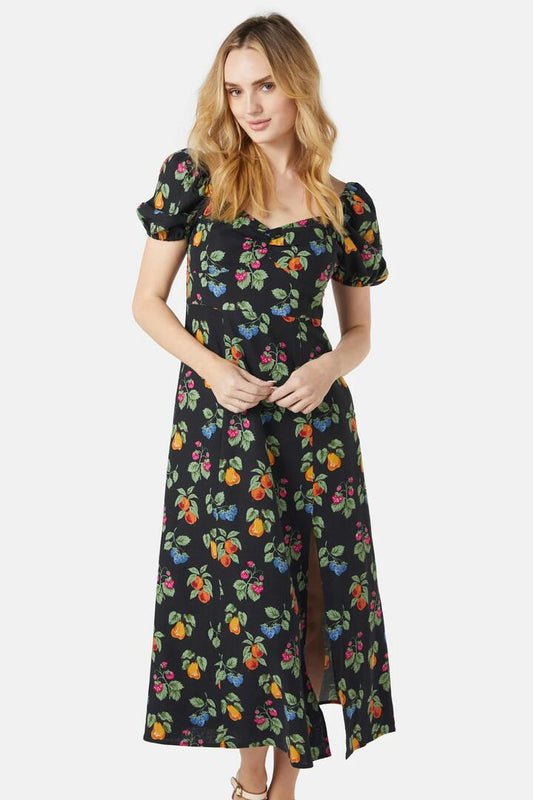 Image of a model wearing Dress. Productname: French Fruit Midi Dress in Black colour by brand - Princess Highway