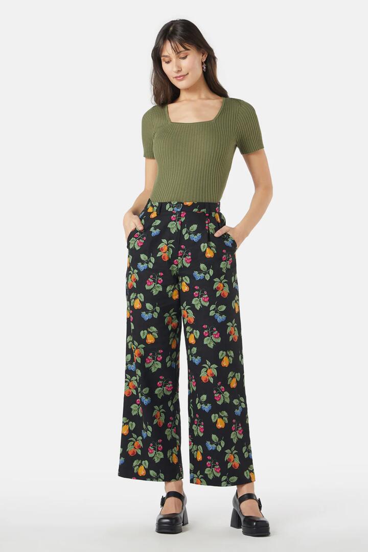 Image of a model wearing Pants. Productname: French Fruit Pant in Black colour by brand - Princess Highway