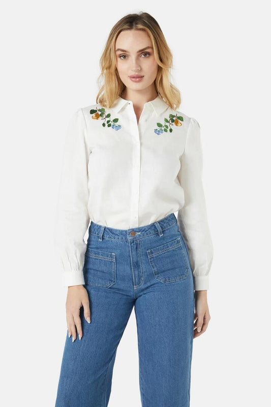 Image of a model wearing Tops. Productname: Fruit & Vine Blouse in Cream colour by brand - Princess Highway