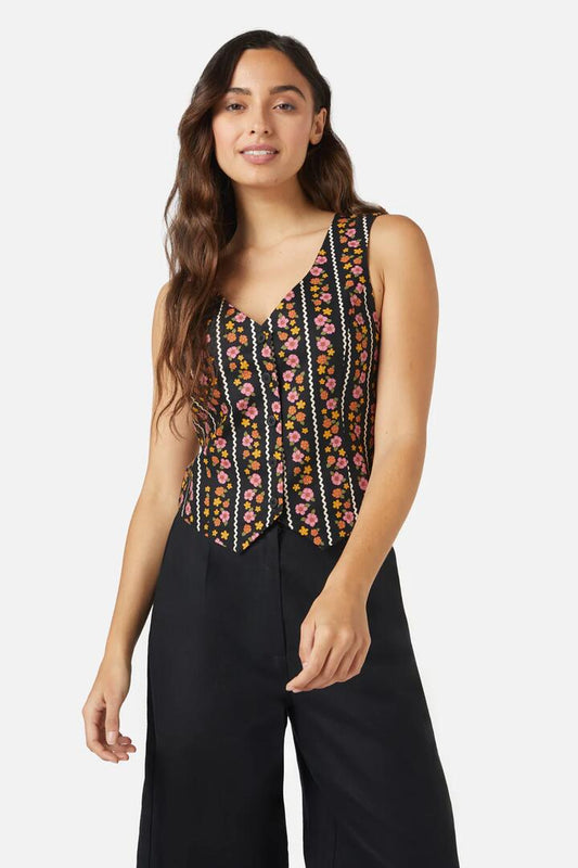 Image of a model wearing Tops. Productname: Daisy Chain Vest in Black colour by brand - Princess Highway