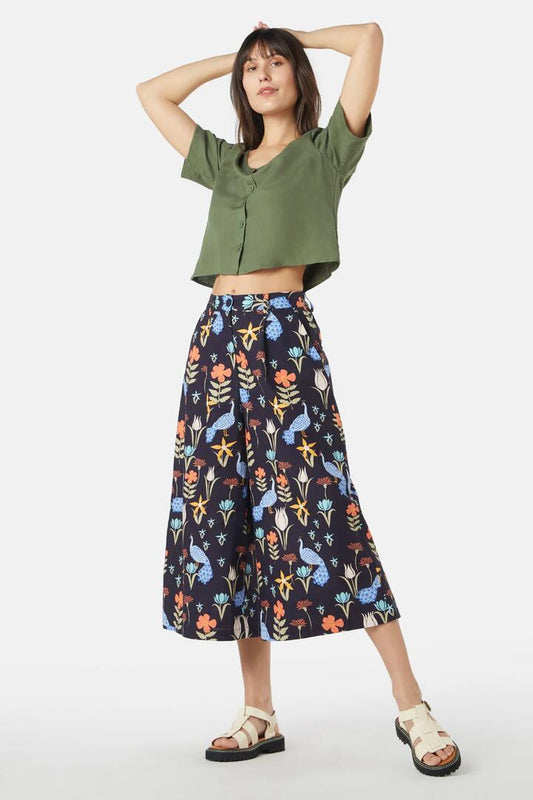 Image of a model wearing Pants. Productname: Peacock Culotte in Navy colour by brand - Princess Highway