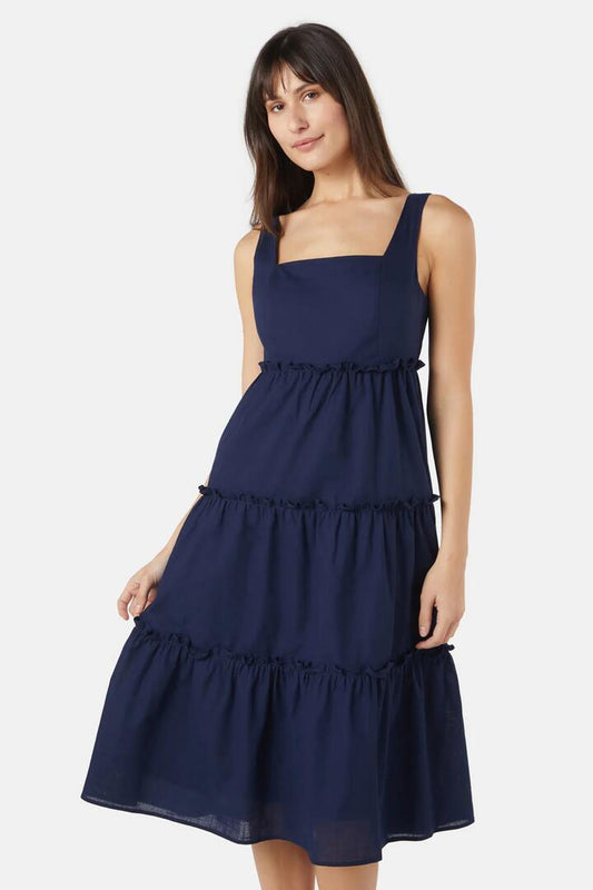 Image of a model wearing Dress. Productname: Lexi Midi Dress in Navy colour by brand - Princess Highway